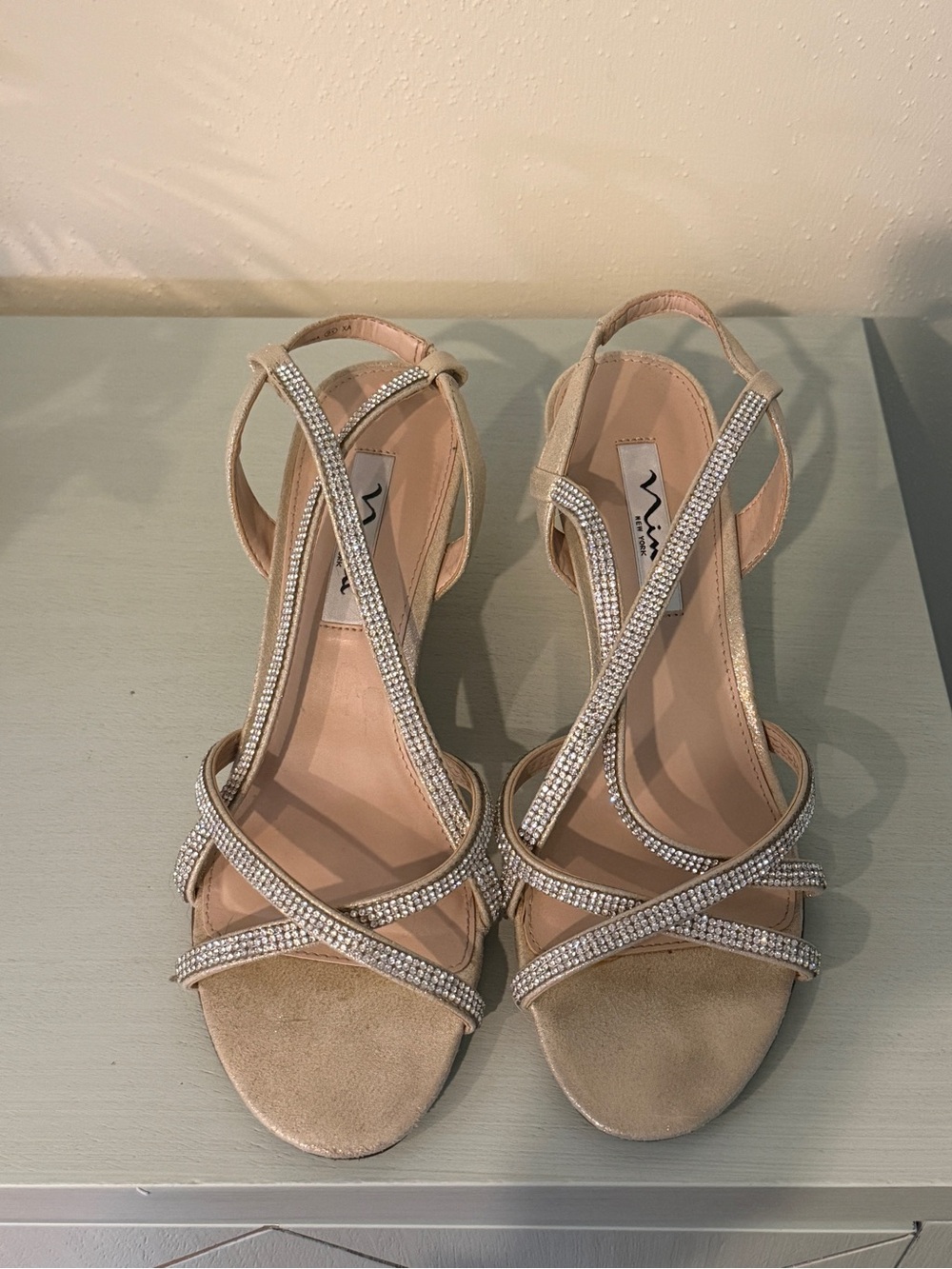 Nina Gold Rhinestone Embellished Strappy Wedges